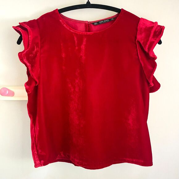Zara Ruby Red Velour Ruffled Sleeve Semi-cropped Top - Picture 2 of 8
